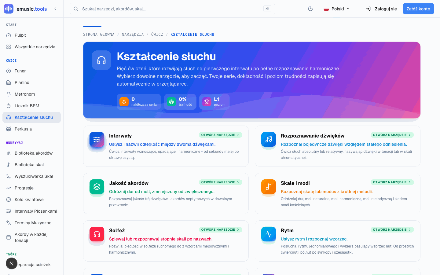 Kształcenie słuchu z odznakami serii, trafności i poziomu nad ośmioma kartami narzędzi: interwały, rozpoznawanie dźwięków, jakość akordów, skale i modi, solfeż i rytm
