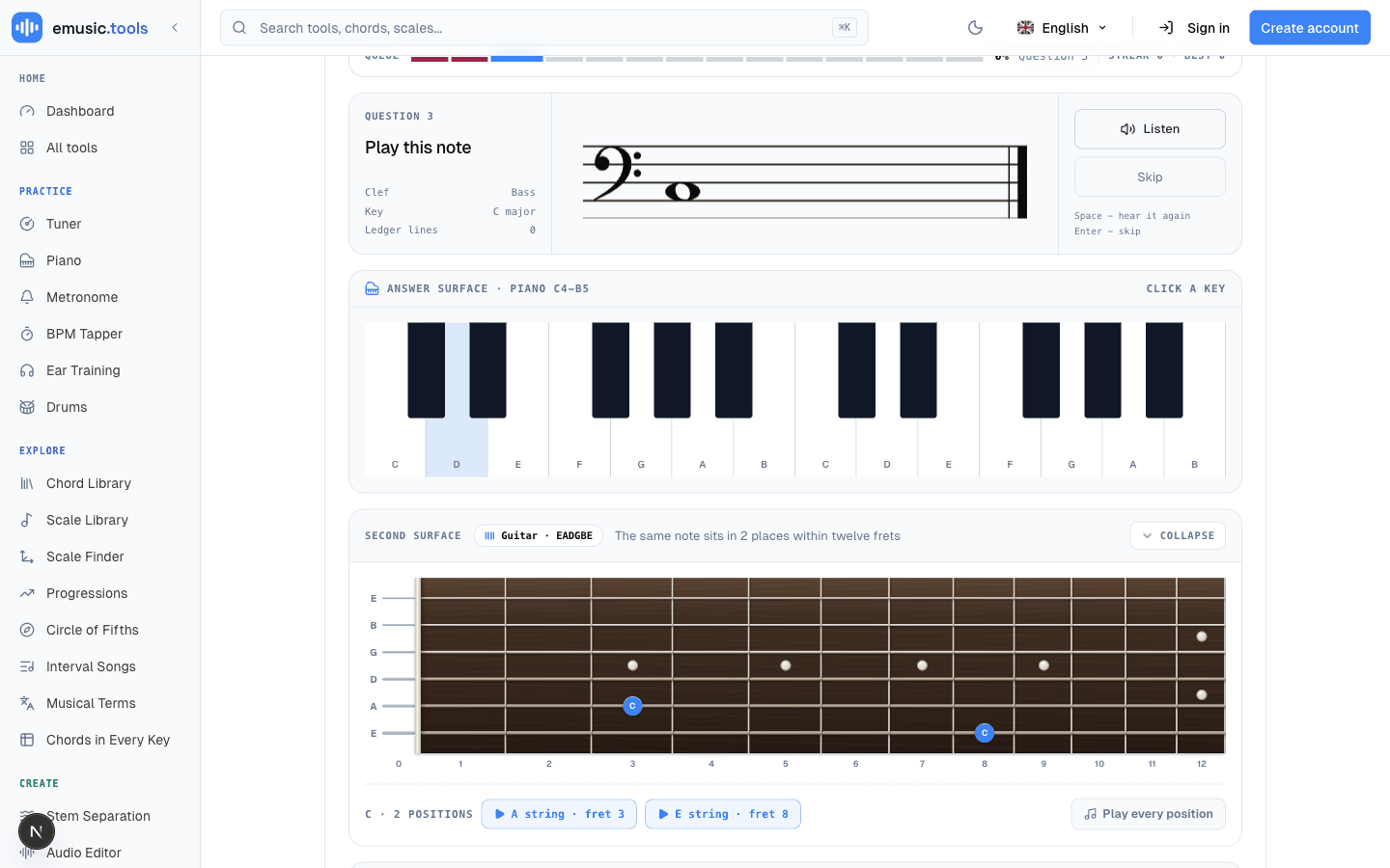 A note on a bass clef staff with the second surface panel expanded below it, showing the note's two positions marked on a guitar fretboard diagram with pill buttons for each