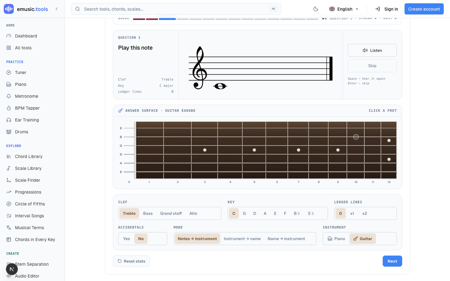 Guitar answer surface: an unmarked 12-fret neck waiting for a click, with the clef, key, ledger, accidentals, mode and instrument settings below it