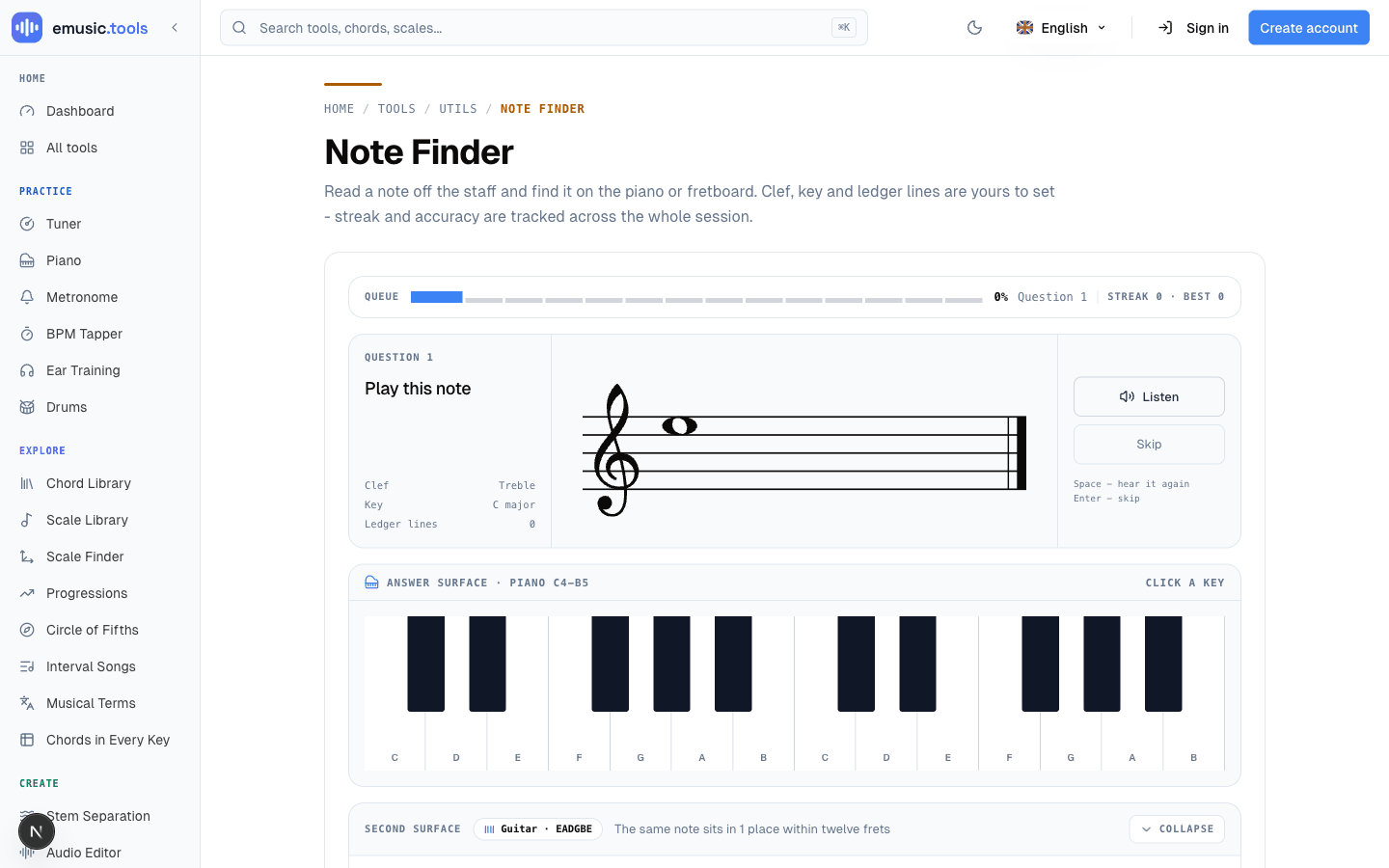 The Note Finder default screen: a single note on a treble staff, a two-octave piano keyboard below it as the answer surface, and clef/key/ledger settings underneath