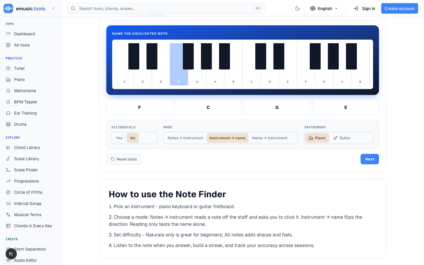 Instrument to name mode: a single piano key highlighted in blue, with four note-name buttons underneath to choose from