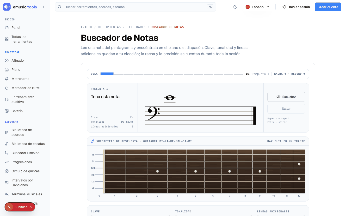 Pantalla del Buscador de Notas con una nota en clave de fa y el diapasón de guitarra como superficie de respuesta, todavía sin respuesta marcada, y los ajustes de clave, tonalidad y líneas adicionales debajo