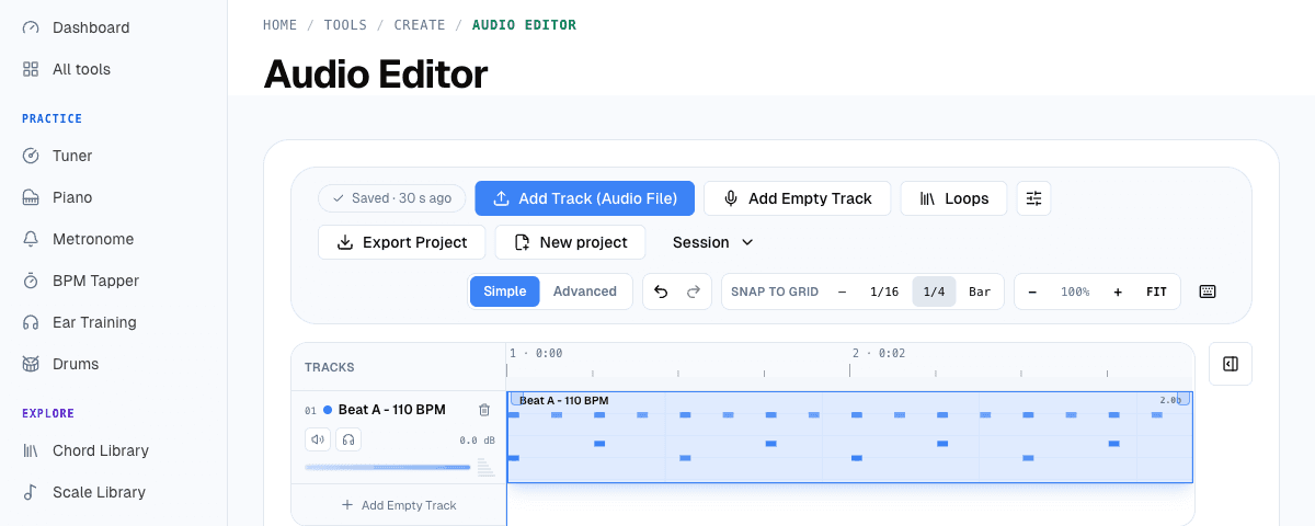 The Audio Editor with a track named Beat A - 110 BPM, the MIDI clip that just arrived from the Beat Machine