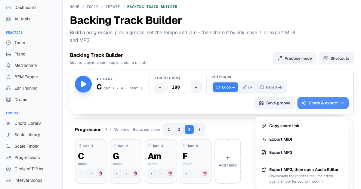 The Backing Track Builder's export menu open, showing Export MP3, then open Audio Editor with its two-step explanation