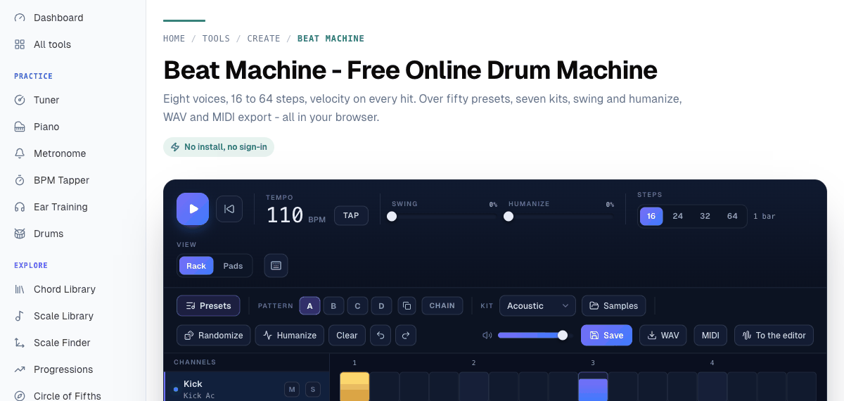 The Beat Machine with the Basic rock preset loaded, showing the To the editor button in the toolbar