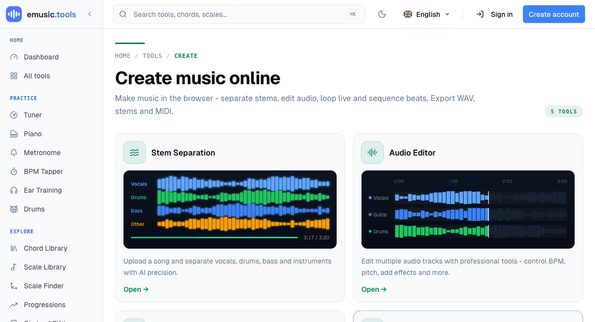The top of the Create section landing page, showing the Stem Separation and Audio Editor tiles with their descriptions and Open links