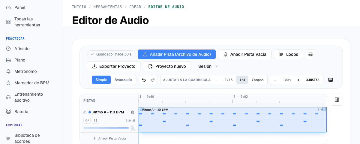 El Editor de audio con una pista llamada Ritmo A - 110 BPM, el clip MIDI que acaba de llegar desde Beat Machine