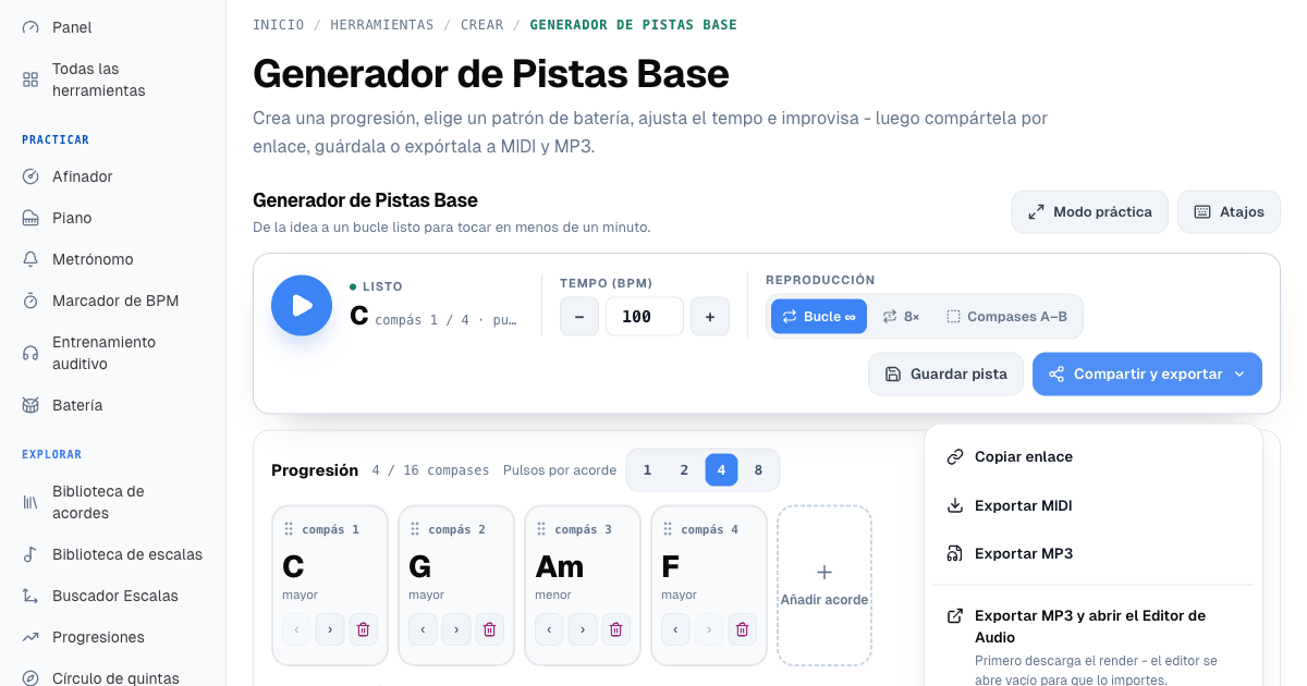 El menú de exportación de Pistas Base abierto, mostrando Exportar MP3 y abrir el Editor de Audio con su explicación en dos pasos