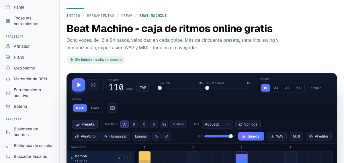 Beat Machine con el preset Rock básico cargado, con el botón Al editor visible en la barra de herramientas