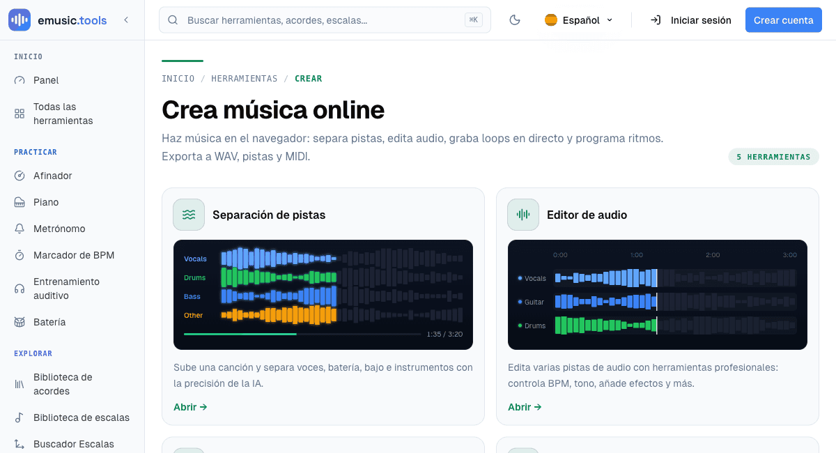 La parte superior de la página de la sección Crear, con las tarjetas de Separación de pistas y Editor de audio, sus descripciones y sus enlaces Abrir