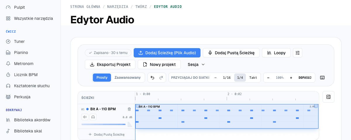 Edytor audio ze ścieżką nazwaną Bit A - 110 BPM, czyli klipem MIDI, który właśnie przyszedł z Beat Machine