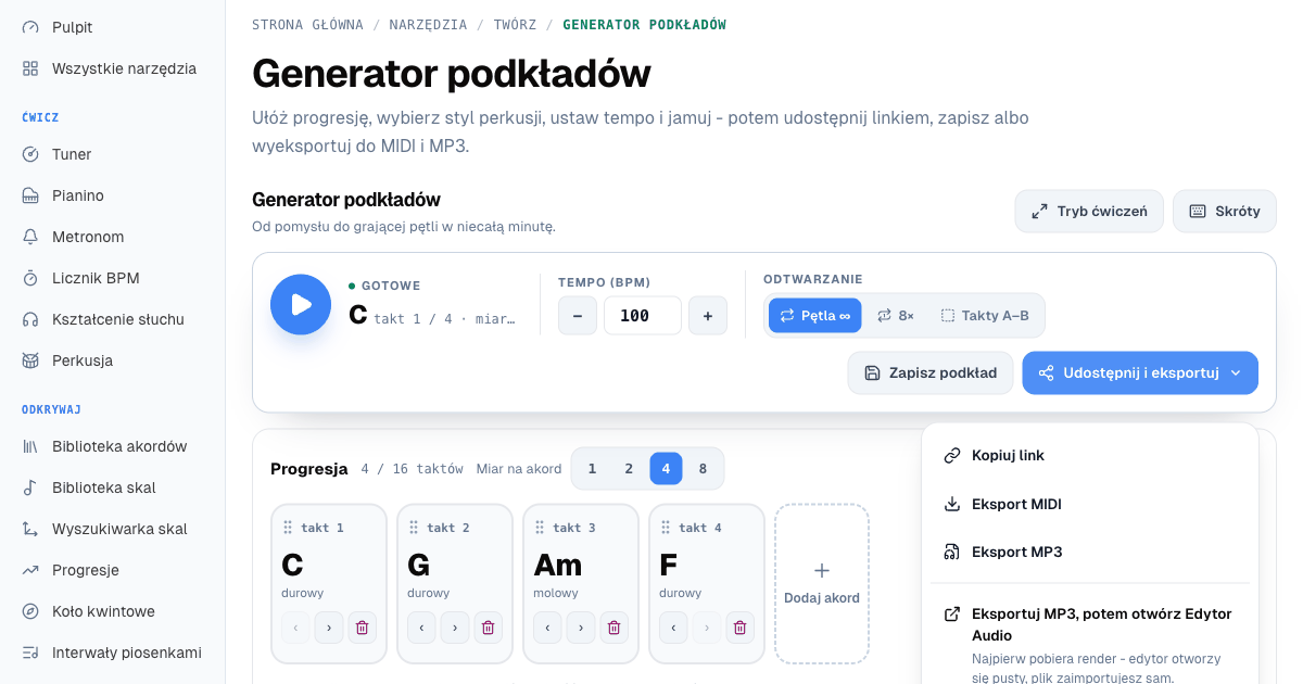 Otwarte menu eksportu Generatora podkładów z opcją Eksportuj MP3, potem otwórz Edytor Audio i jej dwustopniowym wyjaśnieniem