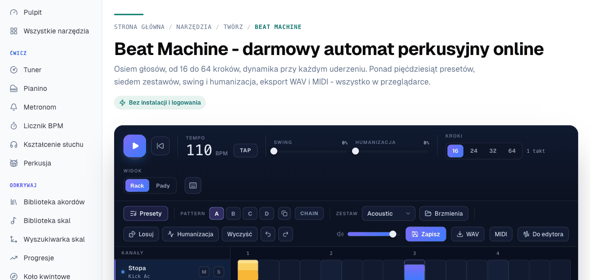 Beat Machine z wczytanym presetem Podstawowy rock, z widocznym przyciskiem Do edytora na pasku narzędzi