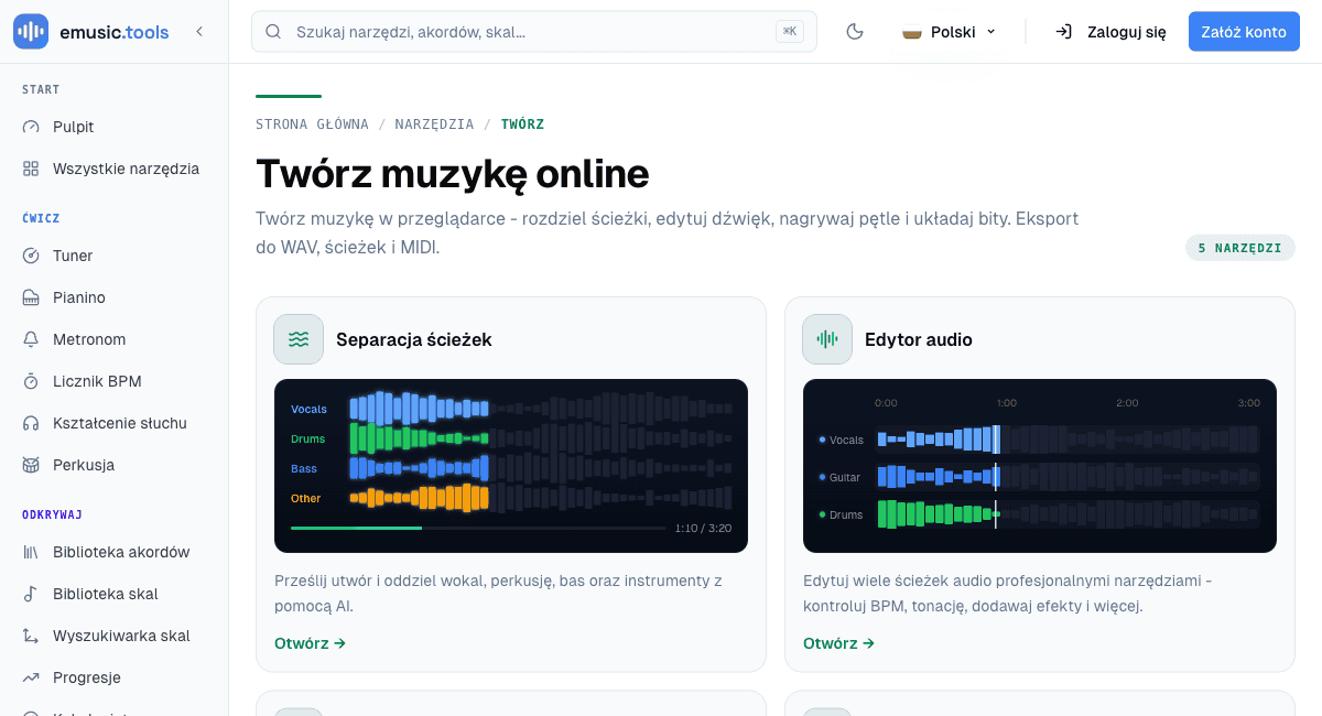 Górna część strony sekcji Twórz z kafelkami Separacja ścieżek i Edytor audio, ich opisami i linkami Otwórz