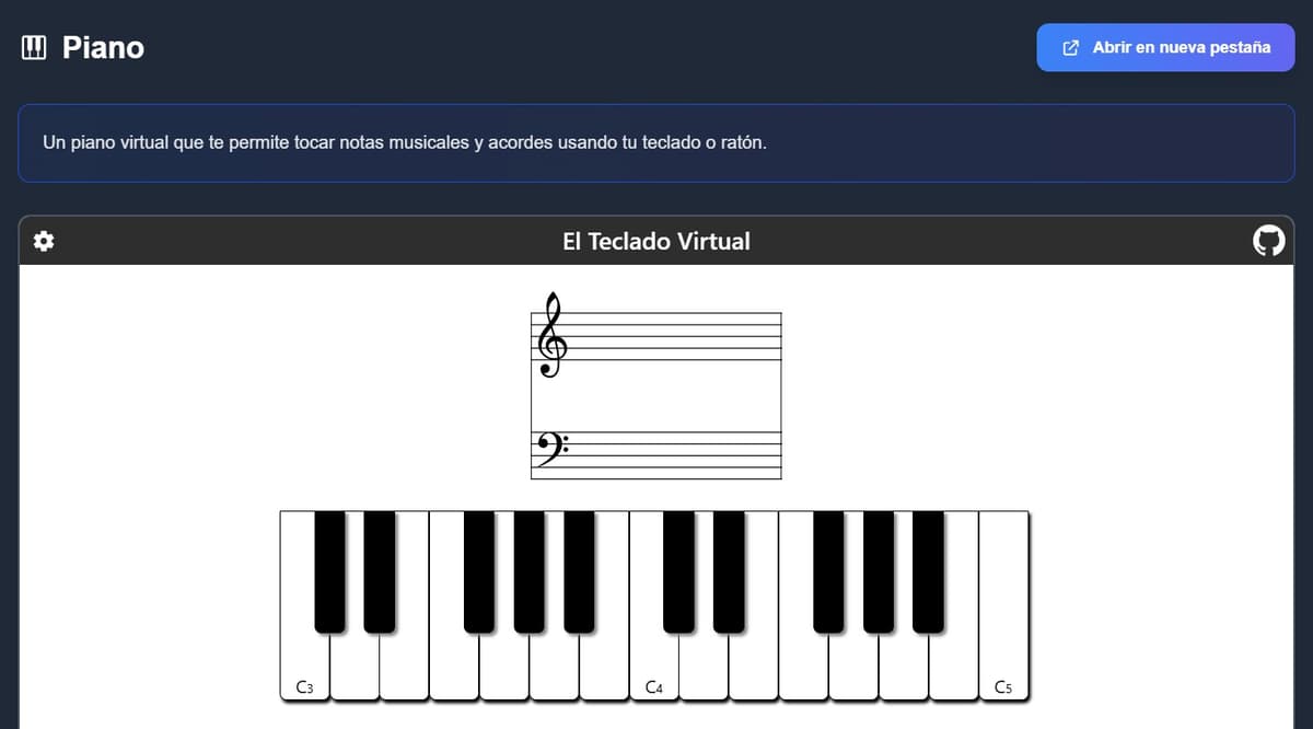 Interfaz del piano virtual online de emusic.tools