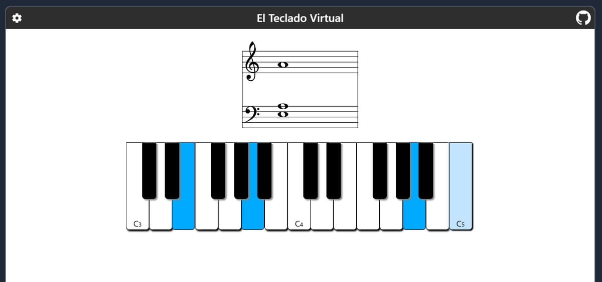 Tocando notas en el piano virtual con teclas resaltadas