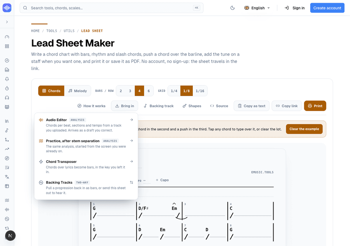 The Bring in menu open, listing Audio Editor and Practice after stem separation tagged analysis, Chord Transposer, and Backing Tracks tagged two-way