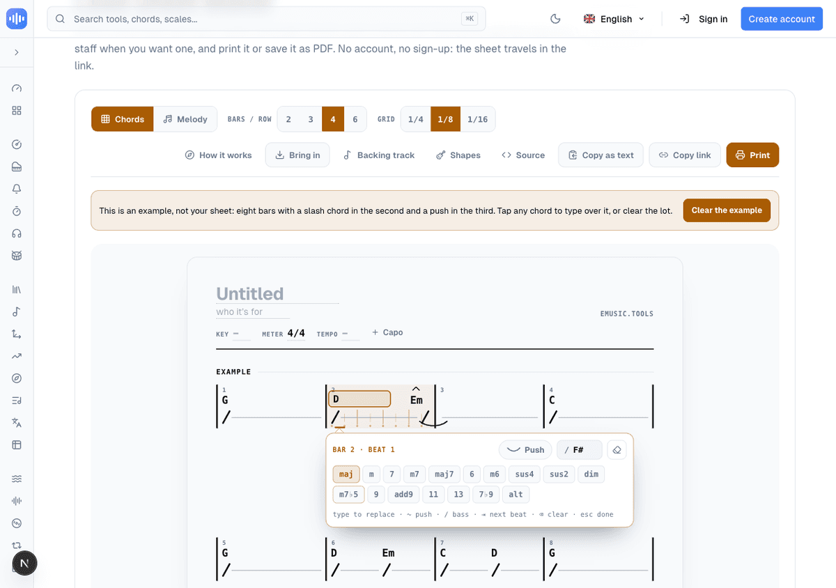 The inline chord editor open on bar 2, showing a bass note field set to F sharp, a Push toggle, and two rows of chord quality chips