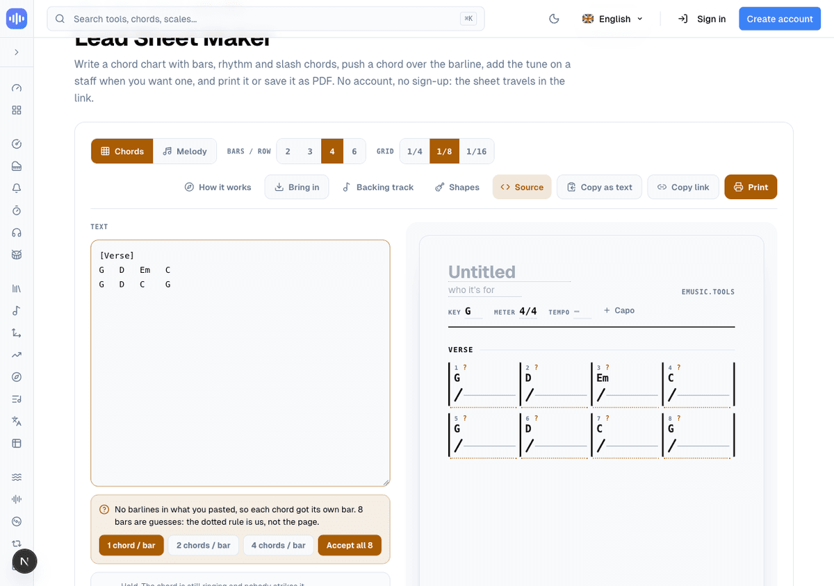 A pasted chord list with no bar lines, now split into eight guessed bars marked with question marks, and a banner offering to respace them at one, two or four chords per bar