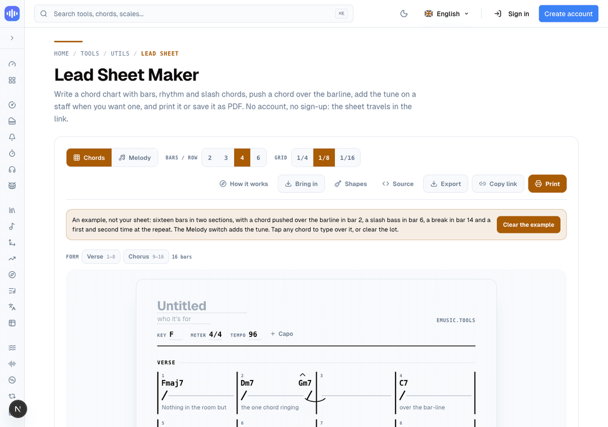 The Lead Sheet Maker toolbar, a Form strip reading Verse 1 to 8 and Chorus 9 to 16, and the start of a sixteen-bar example chart with lyrics under the bars