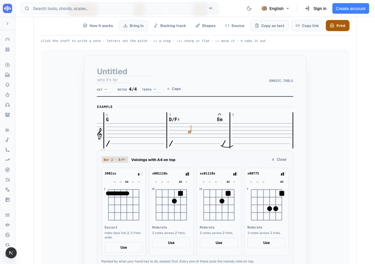 Melody mode with a note placed on the staff in bar 2, and a voicings rail below offering four guitar chord shapes ranked Easiest to Moderate that put that note on top