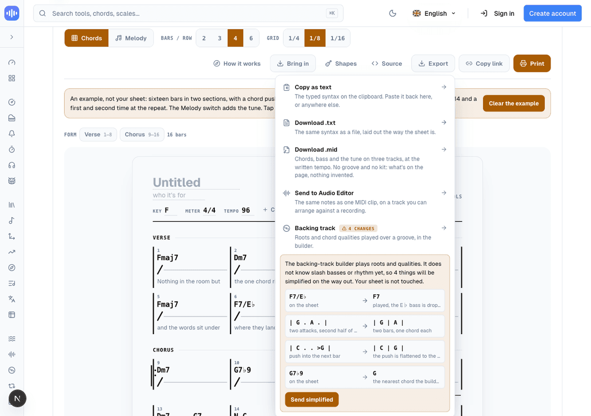 The Backing track row expanded inside the Export menu, listing four changes on the way out: a slash bass dropped, two attacks split into two bars, a push flattened to the downbeat, and a chord quality simplified, each shown before and after