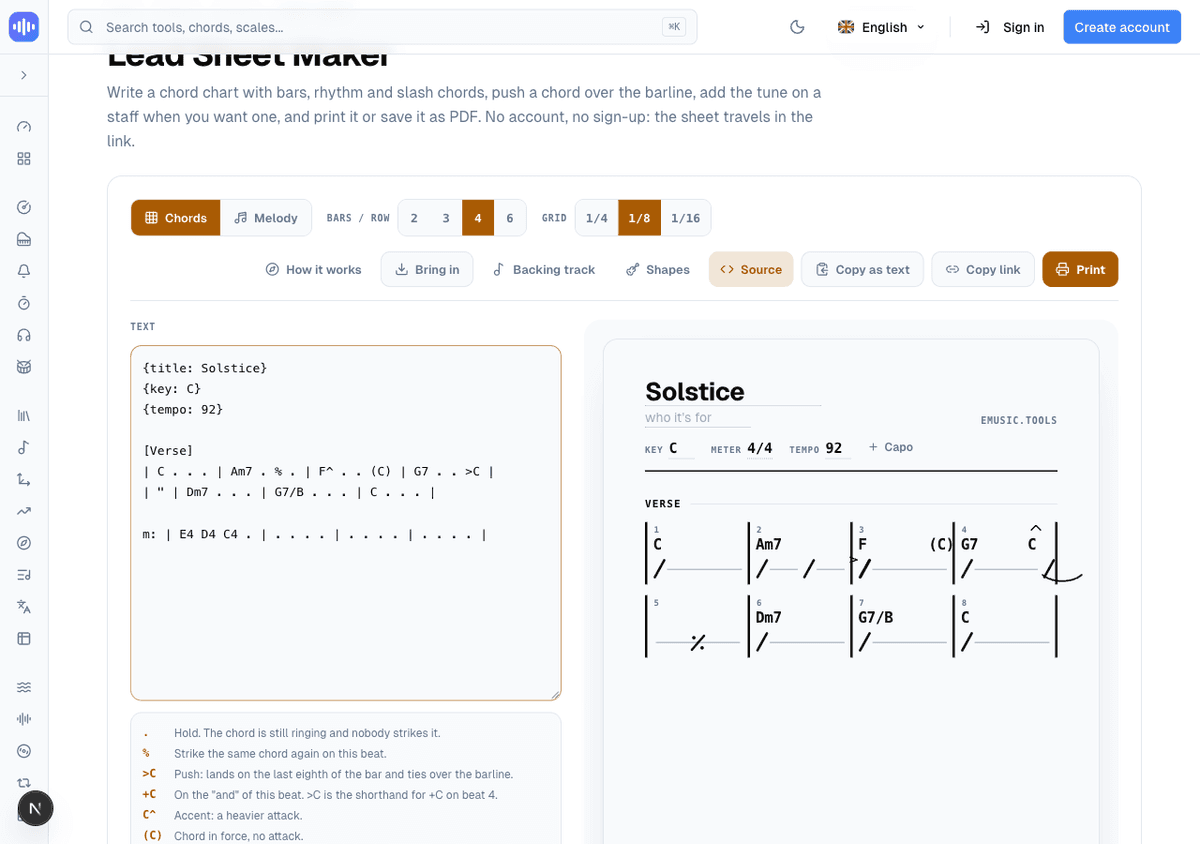 The Source text pane next to the rendered chart, showing a short worked example called Solstice with hold, again, accent, silent, push, ditto and slash-bass marks all in use