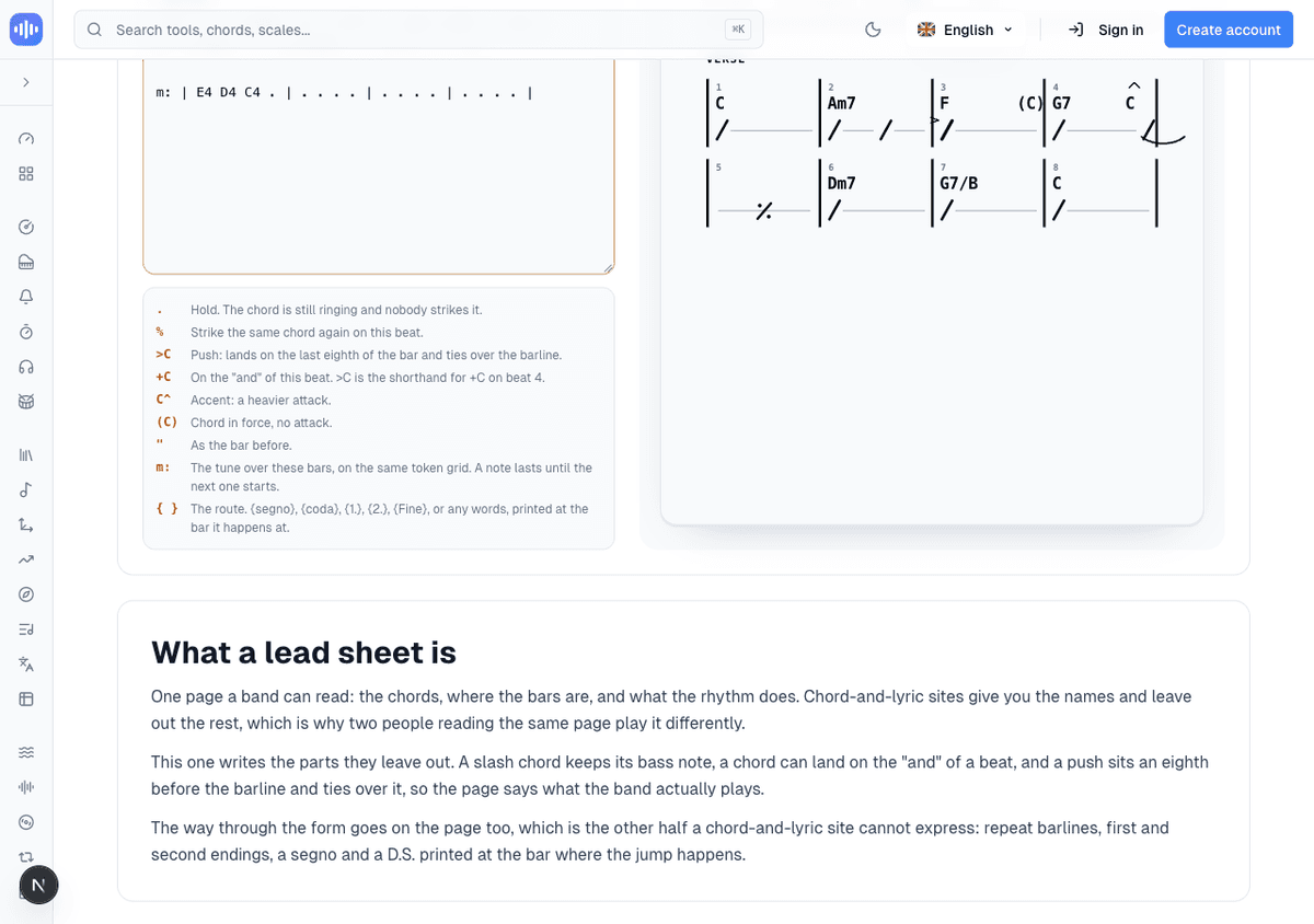 The full syntax legend below the text pane: a period for hold, percent for strike again, greater-than C for push, plus C for the and of a beat, C caret for accent, C in parentheses for silent, a quote mark for ditto, m colon for the tune, and braces for the route
