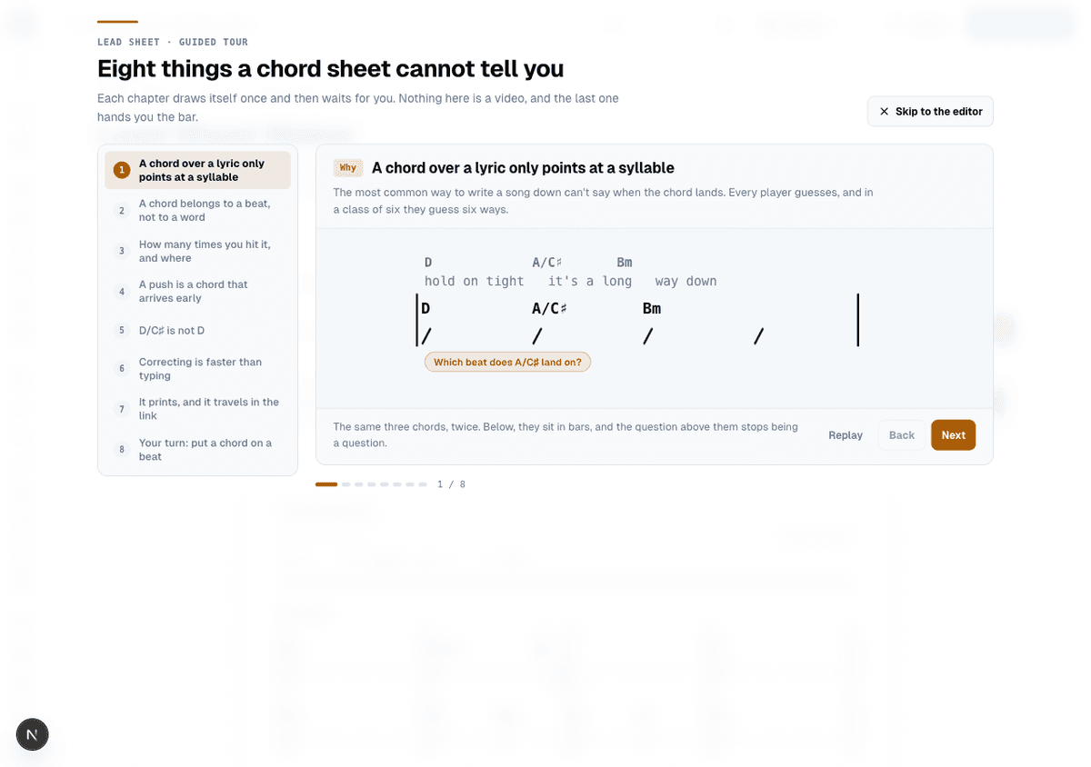 The first chapter of the guided tour, titled A chord over a lyric only points at a syllable, comparing lyrics with chords above them to the same chords placed in bars