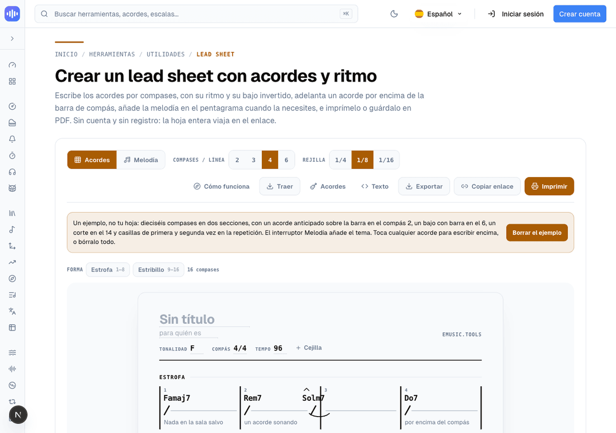 La barra de herramientas del Lead Sheet Maker, una barra de Forma con Estrofa 1 a 8 y Estribillo 9 a 16, y el inicio de una hoja de ejemplo de dieciséis compases con letra bajo los compases