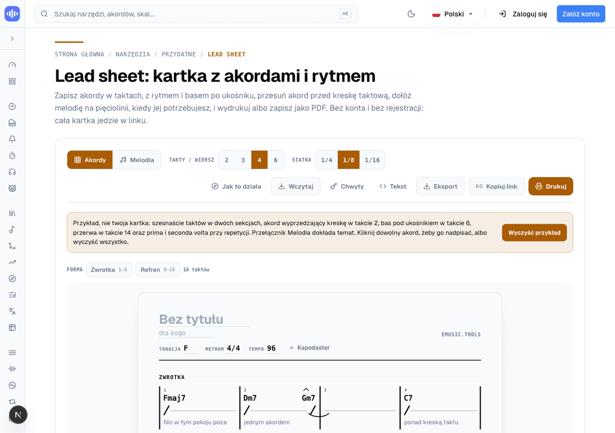 Pasek narzędzi Lead Sheet Maker, pasek Formy z opisem Zwrotka 1 do 8 i Refren 9 do 16, oraz początek szesnastotaktowej przykładowej kartki z tekstem pod taktami
