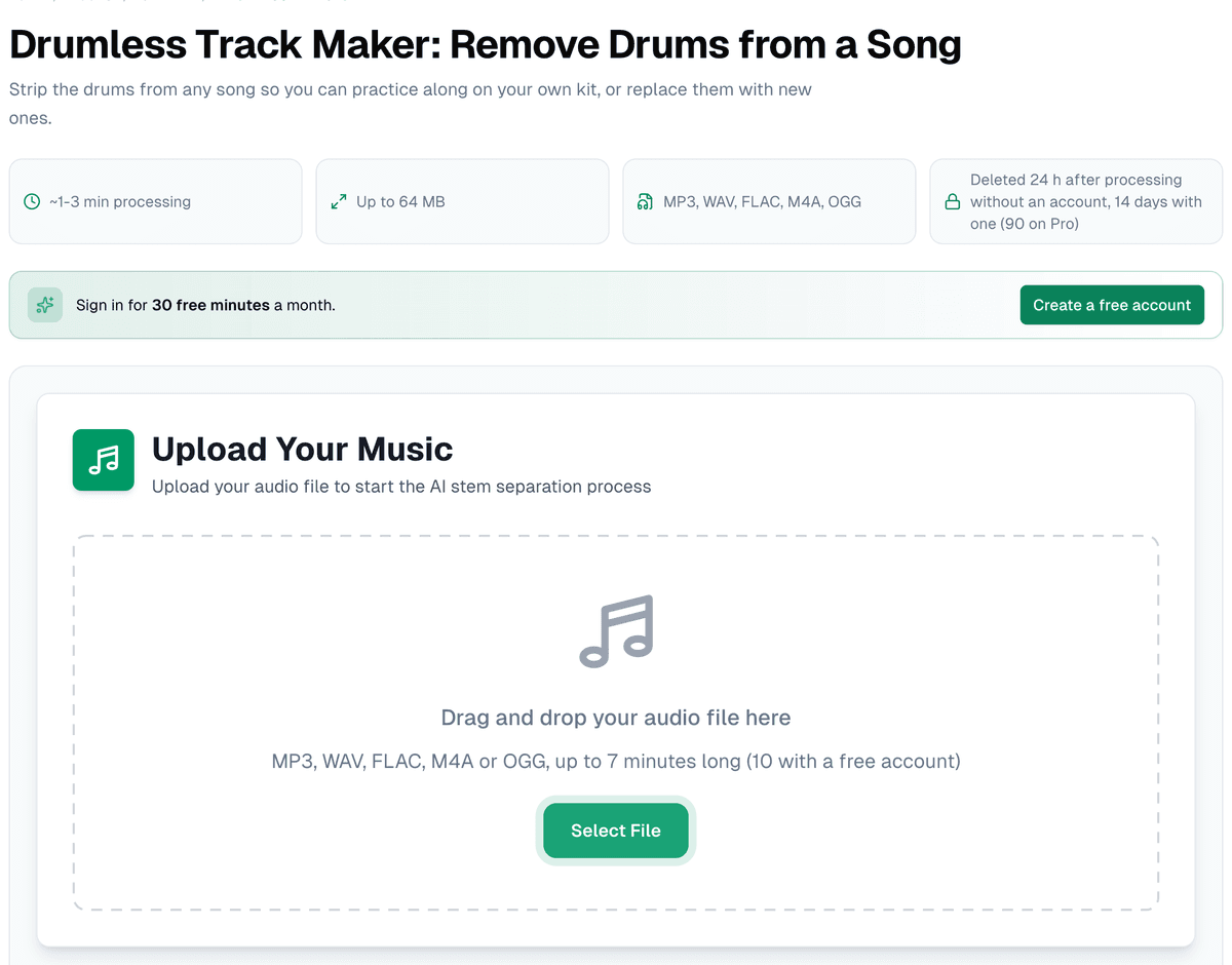 The drumless track maker page, showing the processing time, the 64 MB limit, the formats and how long files are kept with and without an account, above the upload area