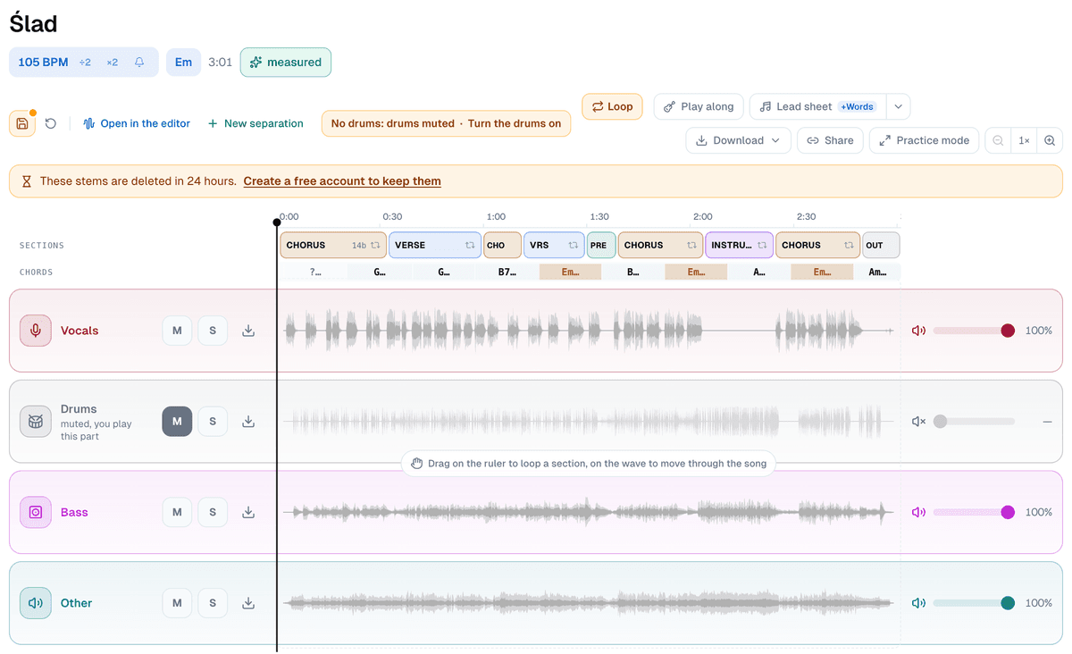 The practice screen for Ślad: 105 BPM and E minor marked measured, the label No drums: drums muted with Turn the drums on, the Sections and Chords rows, and the Vocals, Drums, Bass and Other lanes with the Drums lane muted