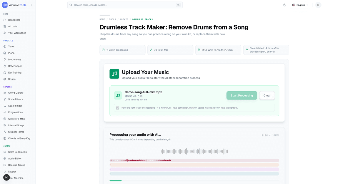 The drumless track maker mid-separation, with the mix splitting into coloured lanes and a clock counting against a three-minute estimate under the uploaded file