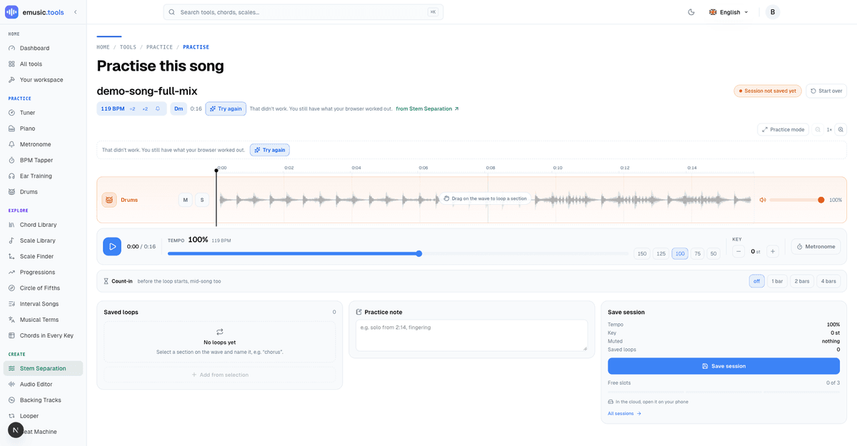 The wand after a failed measurement, showing the message: that didn't work, you still have what your browser worked out, next to a Try again button