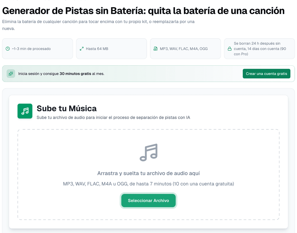 La página del generador de pistas sin batería, con el tiempo de procesado, el límite de 64 MB, los formatos y cuánto se guardan los archivos con y sin cuenta, sobre la zona de subida