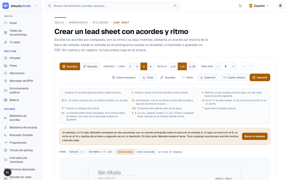El creador de lead sheets, mostrando un ejemplo con secciones de Estrofa y Estribillo, símbolos de acordes en compases, un push sobre una línea de compás y fragmentos de letra bajo el pentagrama