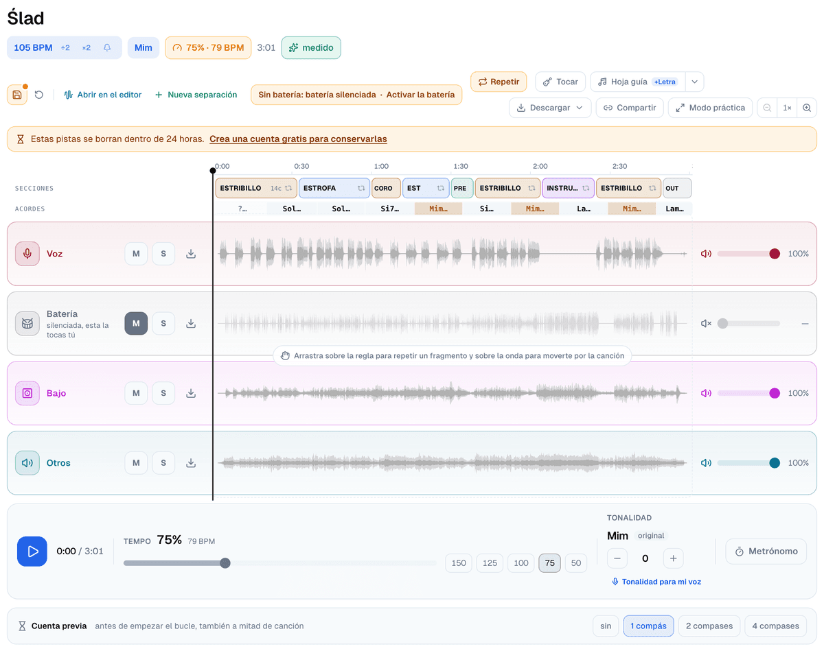 La pantalla de práctica de Ślad con la batería silenciada, el tempo al 75% (79 BPM), la tonalidad en 0 semitonos con Tonalidad para mi voz, el metrónomo y la cuenta previa en 1 compás