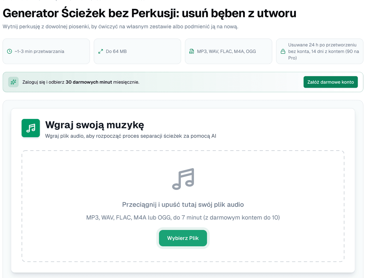 Strona generatora podkładów bez perkusji z czasem przetwarzania, limitem 64 MB, formatami i czasem przechowywania plików z kontem i bez niego, nad polem do wgrania pliku