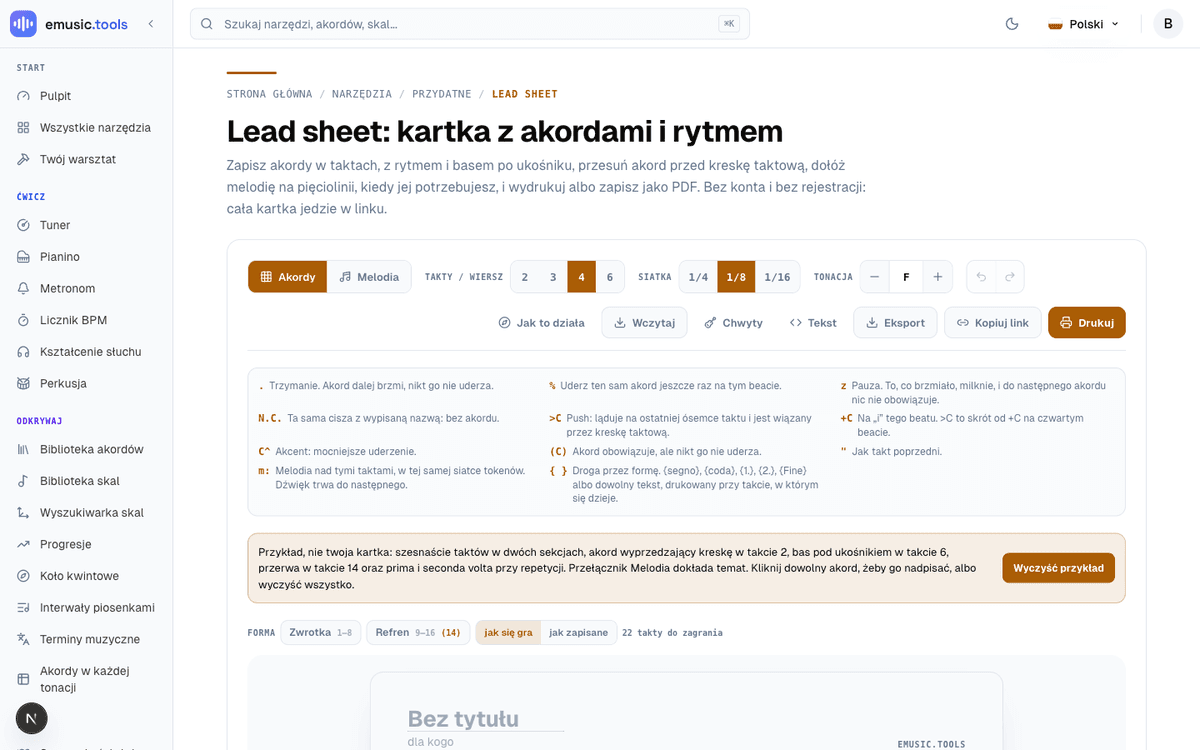 Lead Sheet Maker z przykładową kartą pokazującą sekcje Zwrotka i Refren, symbole akordów w taktach, push na kreskę taktową i fragmenty tekstu pod pięciolinią