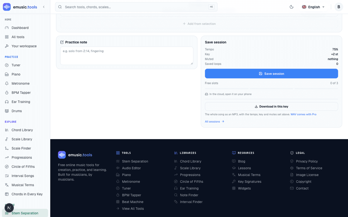 The save session card's Download in this key button, with the tempo, key, muted stems and saved loop count listed above it, and the hint: the whole song as an MP3, with the tempo, key and mutes set above, WAV comes with Pro
