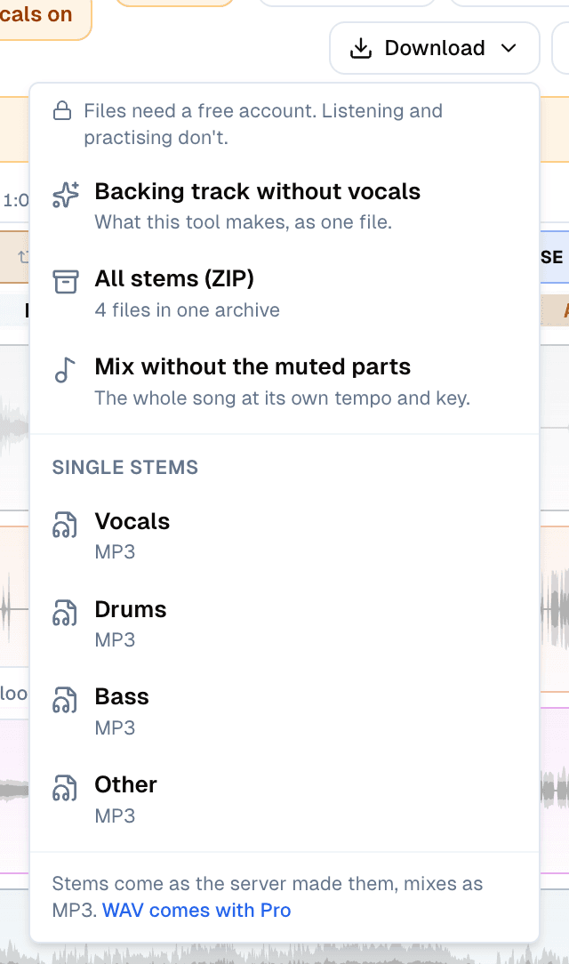 The Download menu on the practice screen: a note that files need a free account while listening and practising don't, then Backing track without vocals, All stems (ZIP), Mix without the muted parts, and the single stems Vocals, Drums, Bass and Other as MP3