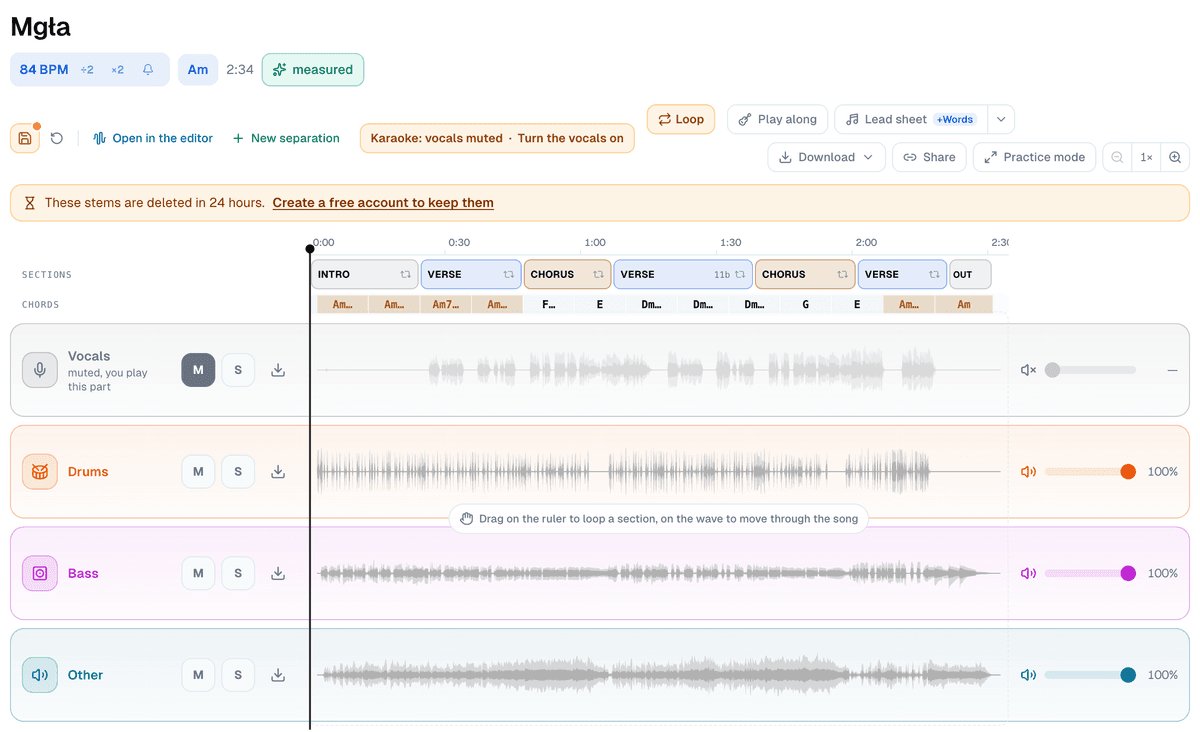 The practice screen for Mgła: 84 BPM and A minor marked measured, the label Karaoke: vocals muted with Turn the vocals on, a note that the stems are deleted in 24 hours without an account, the Sections and Chords rows, and the Vocals lane muted above Drums, Bass and Other