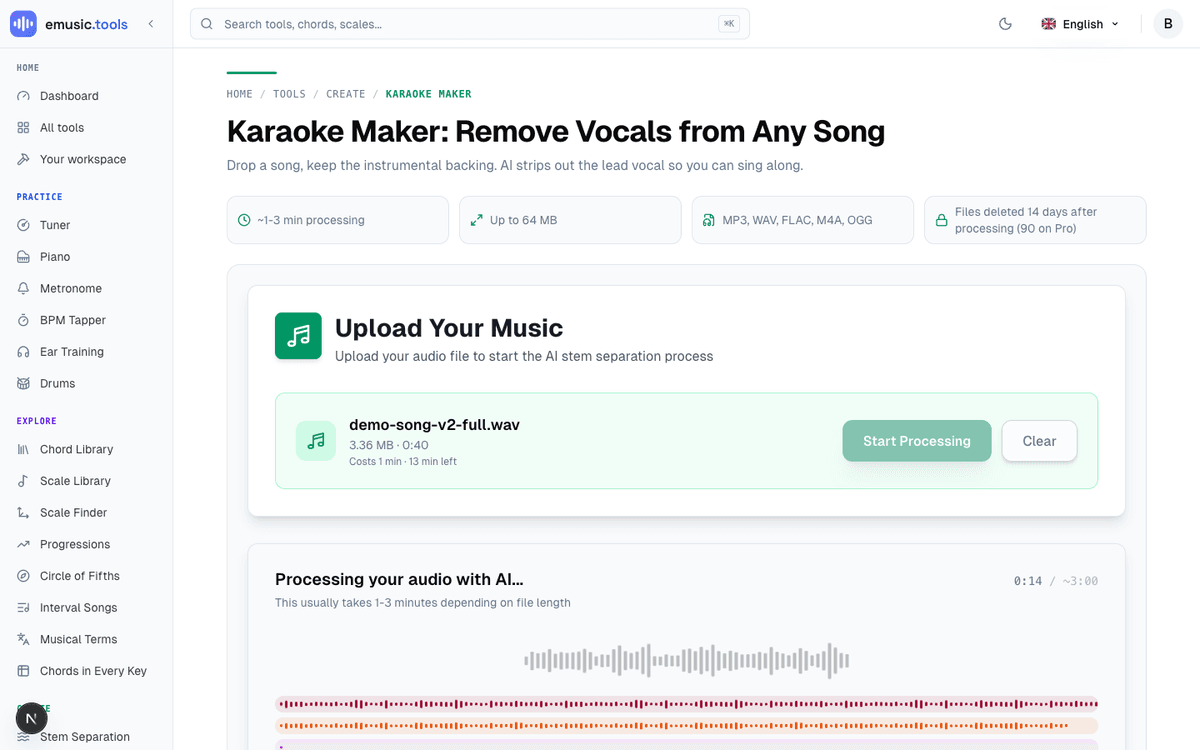 The karaoke maker mid-separation, with the mix splitting into coloured lanes and a clock counting against a three-minute estimate under the uploaded file