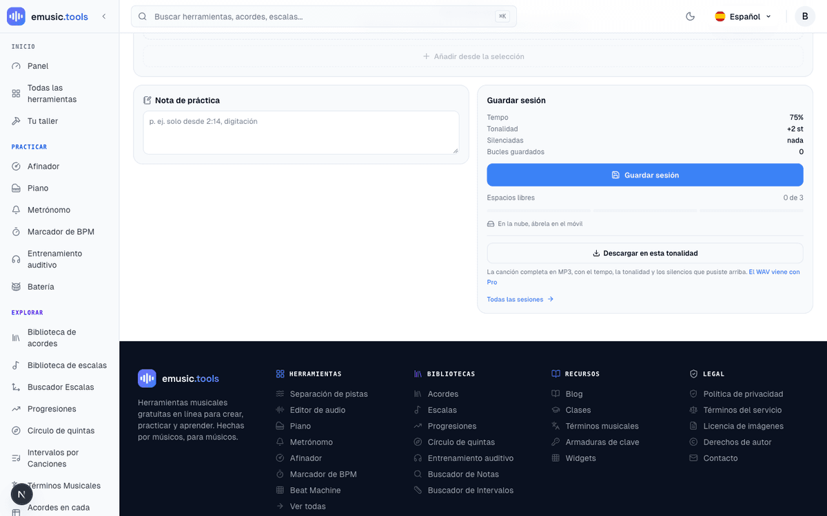 El botón Descargar en esta tonalidad en la tarjeta de guardar sesión, con el tempo, la tonalidad, las pistas silenciadas y el número de bucles guardados arriba, junto a la nota: la canción completa en MP3, con el tempo, la tonalidad y los silencios que pusiste arriba, el WAV viene con Pro