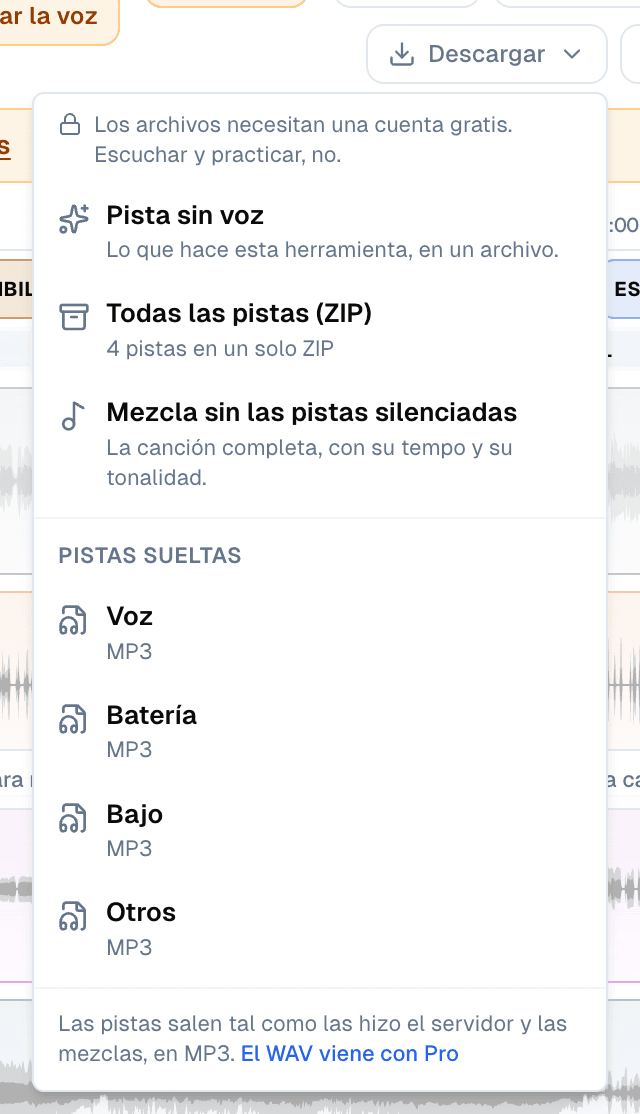 El menú Descargar de la pantalla de práctica: una nota de que los archivos necesitan una cuenta gratis y escuchar y practicar no, y después Pista sin voz, Todas las pistas (ZIP), Mezcla sin las pistas silenciadas y las pistas sueltas Voz, Batería, Bajo y Otros en MP3