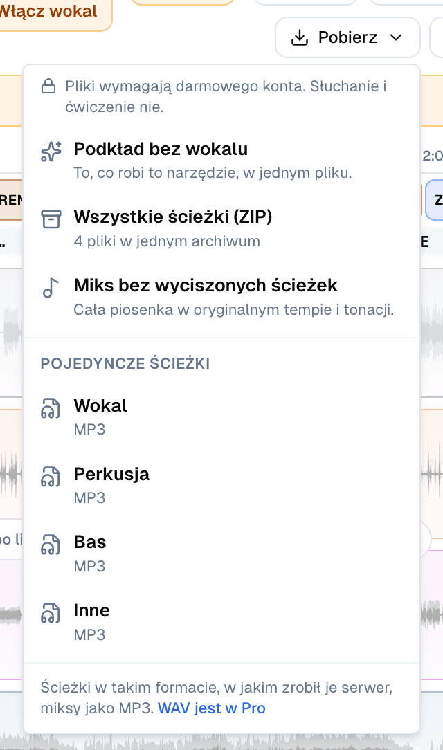 Menu Pobierz na ekranie ćwiczeń: informacja, że pliki wymagają darmowego konta, a słuchanie i ćwiczenie nie, potem Podkład bez wokalu, Wszystkie ścieżki (ZIP), Miks bez wyciszonych ścieżek i pojedyncze ścieżki Wokal, Perkusja, Bas i Inne jako MP3