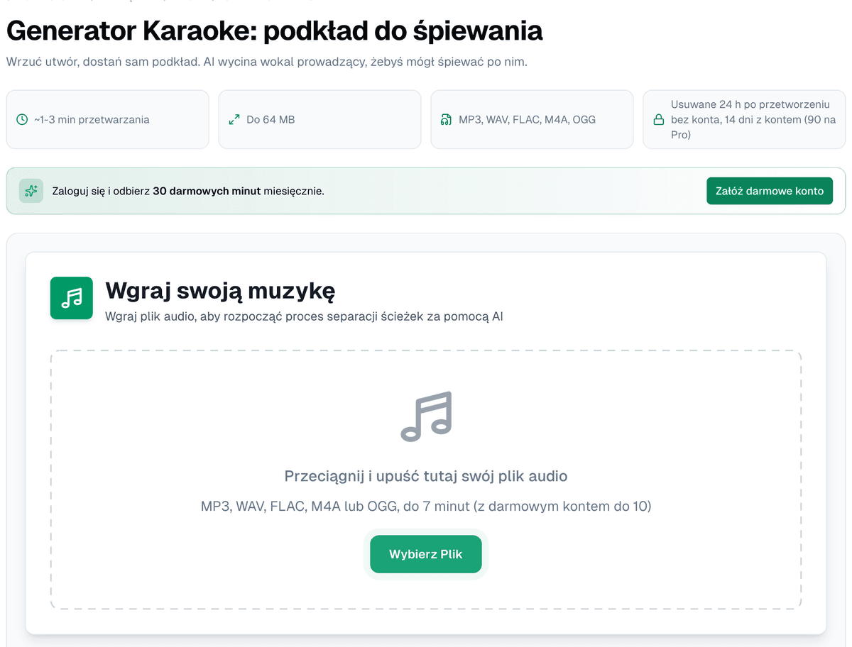 Strona generatora karaoke z czasem przetwarzania, limitem 64 MB, formatami i czasem przechowywania plików z kontem i bez niego, nad polem do wgrania pliku