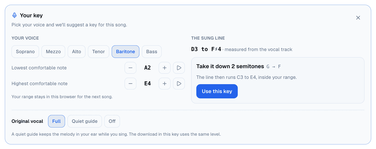 The Your key panel with Baritone picked, the range from A2 to E4 with buttons to move and play each end, and the suggestion Take it down 2 semitones, G to F, with a Use this key button