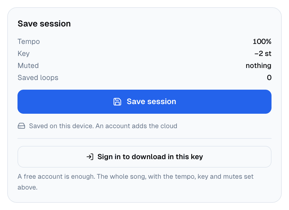 The Save session card with the key at −2 st and a Sign in to download in this key button, noting that a free account is enough